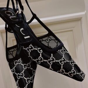 ON HOLD - Gucci Demi Suede-Trim Crystal-Embellished Mesh Slingback Kitten Heels